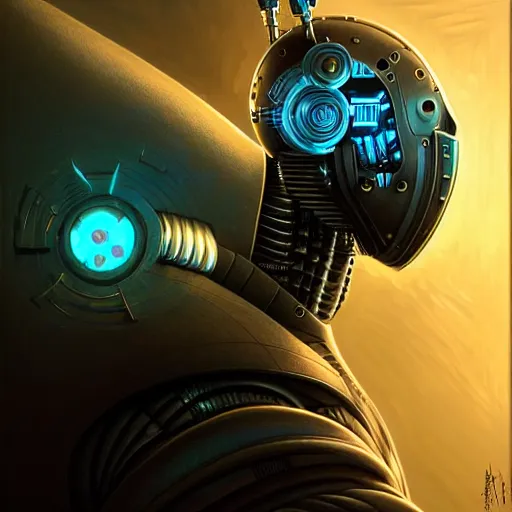 Image similar to low angle shot of a cyberpunk gazmask robot character made of fractal, intricate, elegant, highly detailed, centered, digital painting, artstation, concept art, smooth, sharp focus, illustration, artgerm, Tomasz Alen Kopera, Peter Mohrbacher, donato giancola, Joseph Christian Leyendecker, WLOP, Boris Vallejo