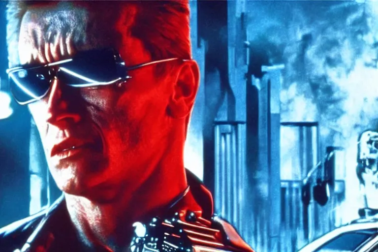 Image similar to terminator 8 0 0 from movie terminator 1 9 8 4, computers on background. high detail, low saturated red and blue light, cinematic colors