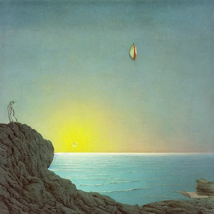 Prompt: the first blue color getting out of the primordial ocean to walk on land. sunset through the clouds. codex seraphinianus. painting by yves tanguy, caspar david friedrich, moebius, walton ford, rene magritte