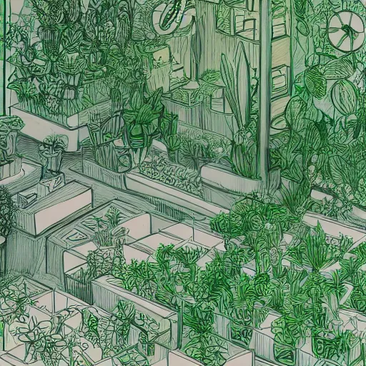 Image similar to annotated highly, detailed and intricate, sketch of a cubicle full of green plants, marker concept art style rendering, concept art, half blueprint, trending on artstation, intricate details, center frame, annotations