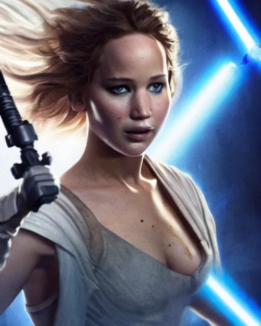 Image similar to jennifer lawrence as a jedi, battle scared with ripped clothes, holding up a blue lightsaber, very dark background, official new star wars episode xi movie poster from lucas arts, perfect symmetrical face, moody lighting, 8 k, shallow depth of field, intricate detail,