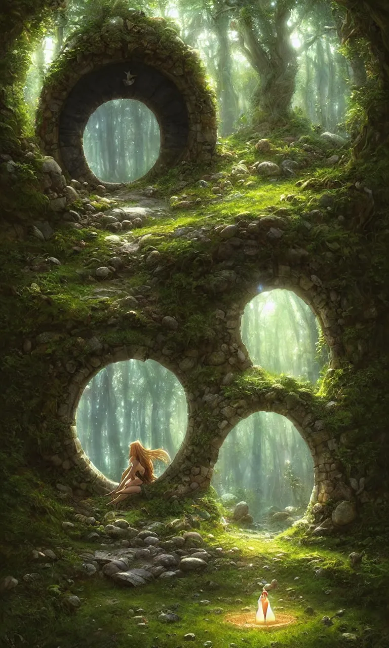 Image similar to Fantasy Magical fairy-tale stone portal in the forest. Round stone portal teleport in trees to other worlds. Fantastic landscape. Magic Altar in the fores, highly detailed, digital painting, artstation, concept art, smooth, sharp focus, illustration, art by artgerm and greg rutkowski and alphonse mucha