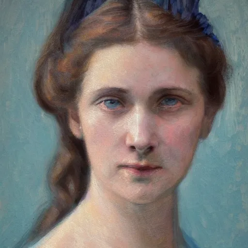 Image similar to portrait painting of a lady in a light blue dress 1 9 0 0 s entire face shown in great detail, garden, photorealistic, extreme detail, sharp focus, 8 k, intricate, hyper detailed, realistic, cinematic lighting