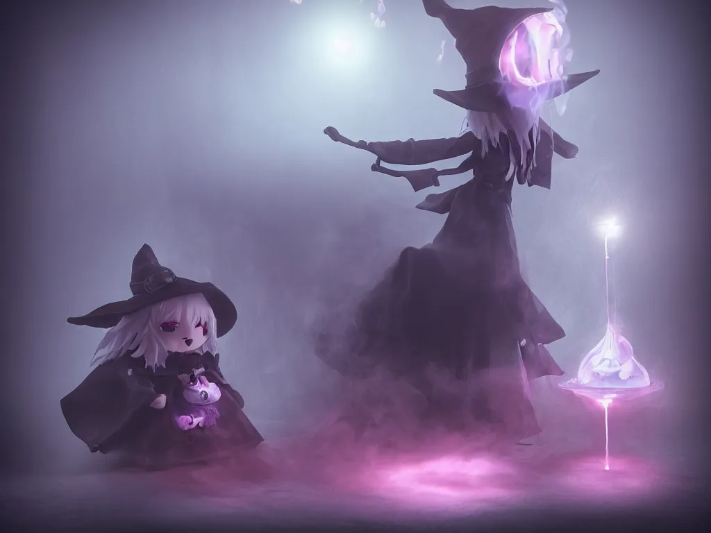 Image similar to cute fumo plush girl witch stirring a cauldron swirling with strange energy, ominous cauldron of glowing potion, eldritch tattered gothic horror maiden, smoke and volumetric fog, witch girl, soothsayer, lens flare glow, vray