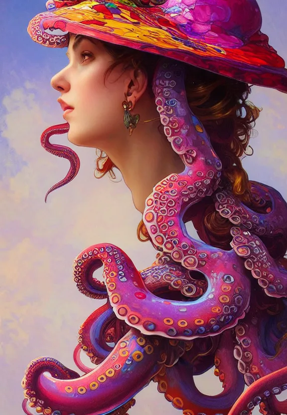 Image similar to close up of a beautiful woman wearing a colourful octopus as a hat, fantasy, intricate, elegant, highly detailed, digital painting, artstation, concept art, smooth, 8 k, sharp focus, illustration, art by artgerm and greg rutkowski and alphonse mucha