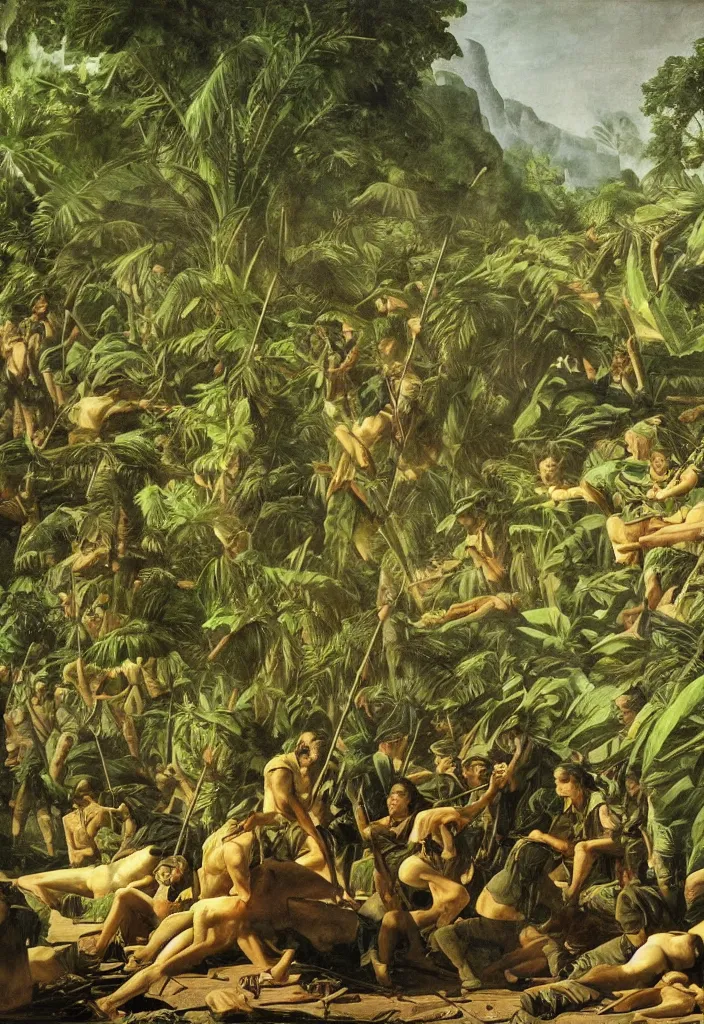 Image similar to vietnam war by jacques - louis david, green jungle, helicopters, battlefield