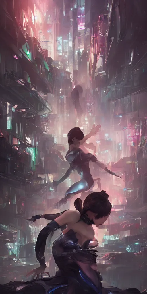 Image similar to forgiveness in pieces , cybernetic city, dark shadows hiding behind a wall of envy, past regrets, flexible dancers made by Artgerm, Stanley Lau, WLOP Rossdraws. ArtStation CGSociety concept art cgsociety octane render trending on artstation, cinematic