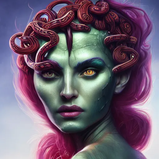 Image similar to medusa, perfect eyes, full body shot, snakes, portrait, fantasy, beautiful face, medieval, vivid colors, elegant, concept art, sharp focus, digital art, Hyper-realistic, 4K, Unreal Engine, Highly Detailed, HD, Dramatic Lighting by Brom, trending on Artstation