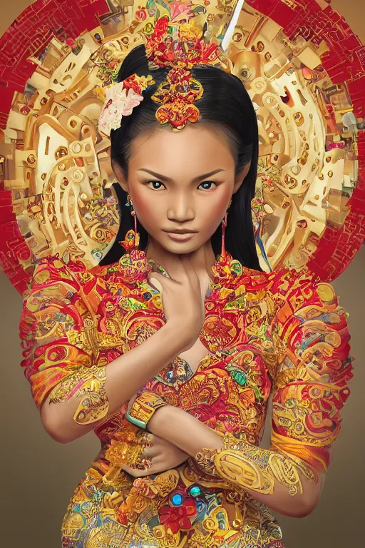 Image similar to hand holding a lego, portrait of a beautiful indonesian supermodels wearing traditional costume, highly detailed, digital painting, artstation, concept art, sharp focus, illustration, art by kittichai rueangchaichan and james gurney and alphonse mucha