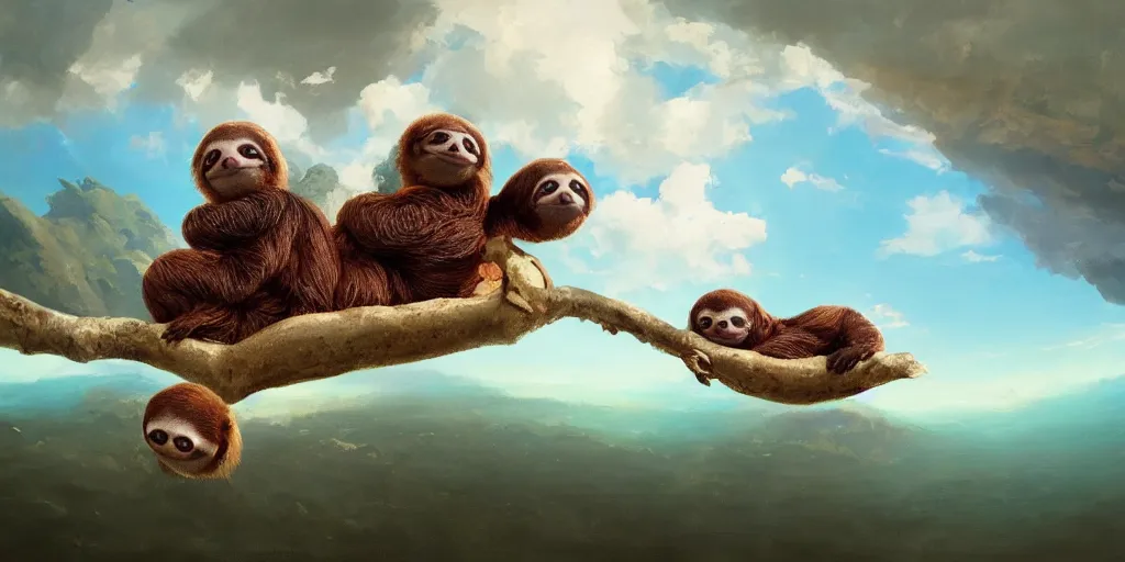 Prompt: Floating cute Baby sloths over a blue sea, Darek Zabrocki, Karlkka, Jayison Devadas, Phuoc Quan, trending on Artstation, 8K, ultra wide angle, pincushion lens effect