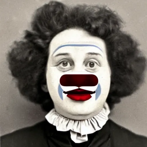 Image similar to ronald mcdonald clown booking photo, arrest, 1800s colorized