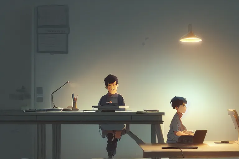 Image similar to a sleepy boy sit in desk with a computer, medium shot, waist up, studio ghibli, pixar and disney animation, sharp, rendered in unreal engine 5, anime key art by greg rutkowski, bloom, dramatic lighting