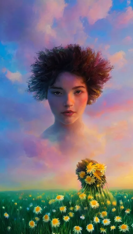 Image similar to girl face made of giant daisies, standing in a flower field, holding flowers, surreal photography, sunset dramatic light, impressionist painting, colorful clouds, large sky, digital painting, artstation, simon stalenhag