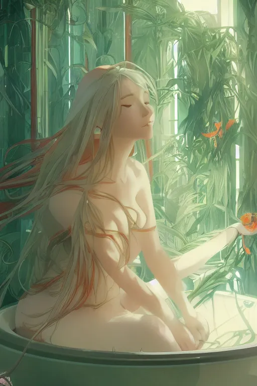 Image similar to a girl with long white hair lying in a bathroom bath at afternoon, plants, green and orange theme by krenz cushart and mucha and makoto shinkai and akihito yoshida and greg rutkowski, 4 k resolution