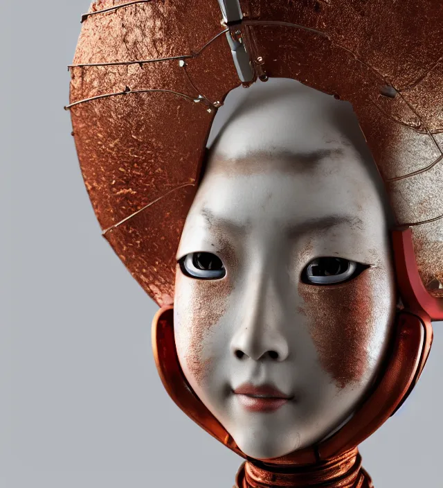 Image similar to portrait of a slightly rusty beautiful japanese robotic geisha with wires and actuators, porcelain white face, dramatic lighting, hyper - realistic, ultra - realistic, intricate details, japanese model, 8 k ultra high definition, octane render