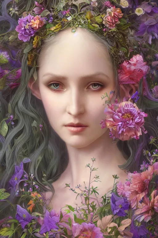 Image similar to a portrait of a beautiful elvish goddess with flowers in her hairs , fairy-like , 8k, highly detailed, sharp focus, ethereal clothes, astral environment, in style of Anna Dittmann and Mark Arial and Artgerm and Gerald Brom