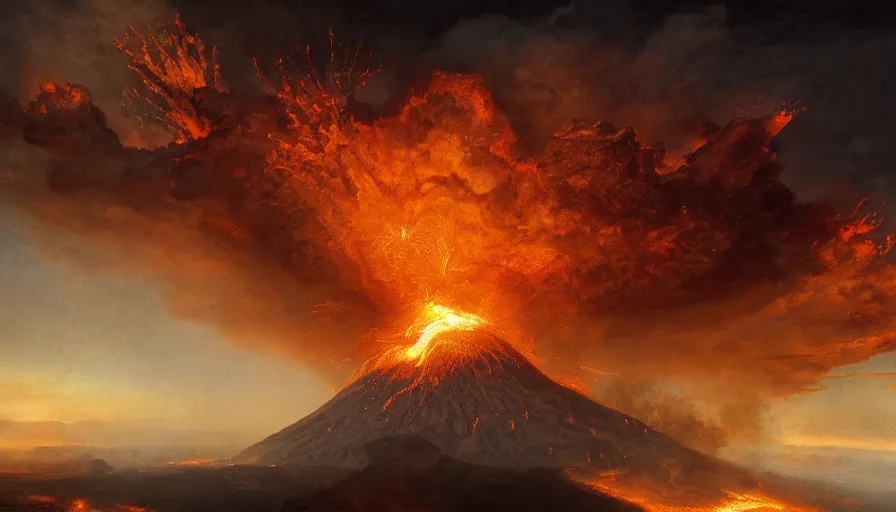 Image similar to baroque painting of humongous volcano exploding, lava everywhere, burning kingdoms, hyperdetailed, artstation, cgsociety, 8 k