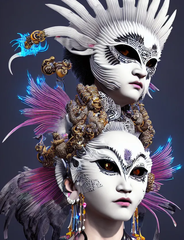 Image similar to 3 d goddess close - up profile portrait punk with mohawk with ram skull. beautiful intricately detailed japanese crow kitsune mask and clasical japanese kimono. betta fish, jellyfish phoenix, bio luminescent, plasma, ice, water, wind, creature, artwork by tooth wu and wlop and beeple and greg rutkowski