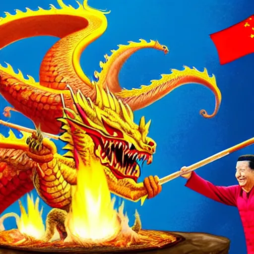 Image similar to Chinese president, bananas weapon, dragon, fight, flaming mountain, painting, epic