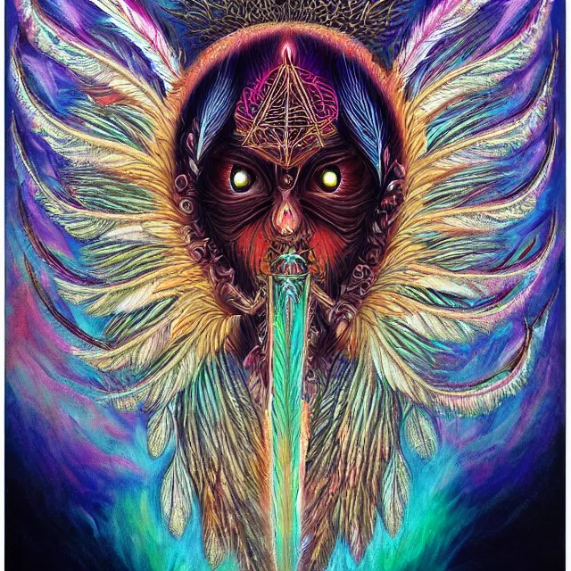 Image similar to angelic ophanim Lovecraftian celestial covered in eyes feathers and wings, oil painting award winning, chromatic aberration sharp colors, fractal geometry sublime angel be not afraid