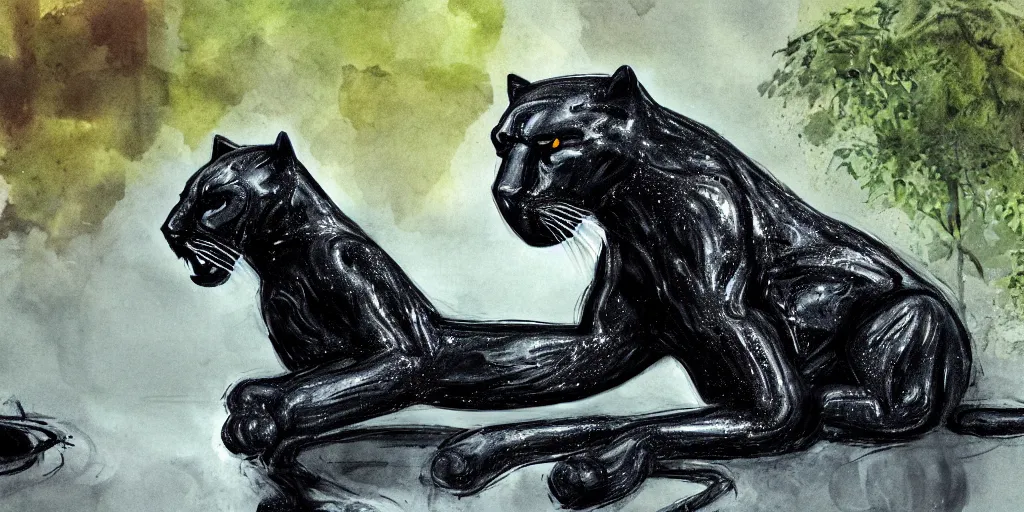 Image similar to a panther, made of tar, in a suburban backyard, dripping tar. concept art, reflections, black goo, animal drawing