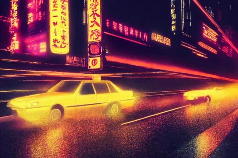 Image similar to a 1 9 8 5 fairmont speeding down tokyo highway in the rain, night time, neon lights, thunderstorm, movie still from the movie bladerunner 2 0 4 9