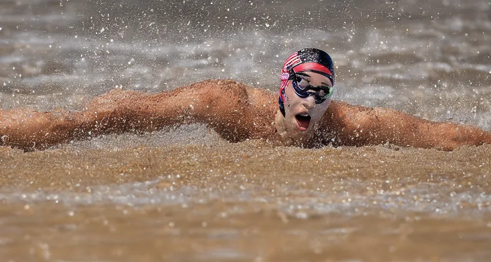 Image similar to olympic swimming in sand instead of water, extremely coherent, motion blur