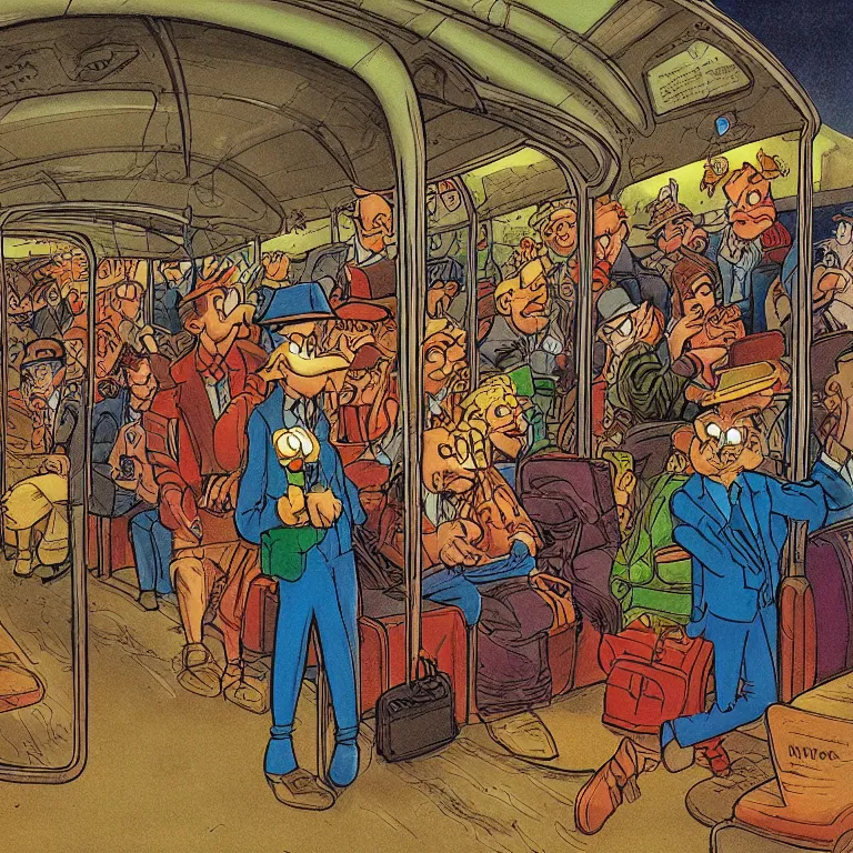 Image similar to some people waiting in bus stop in quiet dark city night, detailed, high quality, high resolution, color illustration by don rosa