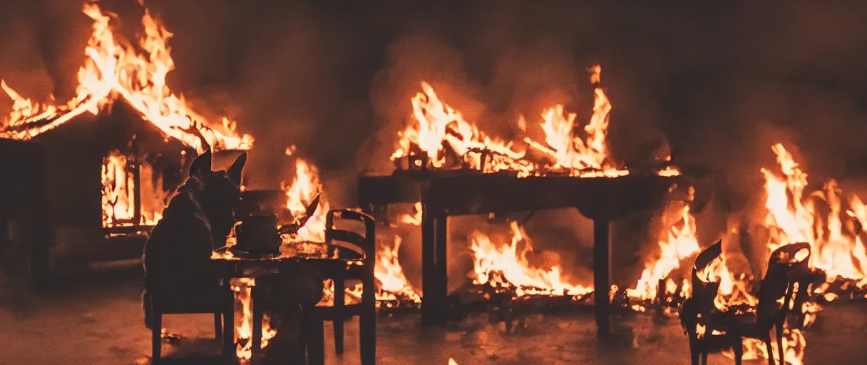 Prompt: a studio photograph (flash on) of a big fire on a dining room on fire, an human-like relaxed dog sitting on a wooden chair at a table (no fire at all there), ☕ on the table, surrounded by flames, a lot of flames behind the dog, black smoke instead of the ceiling, no watermark