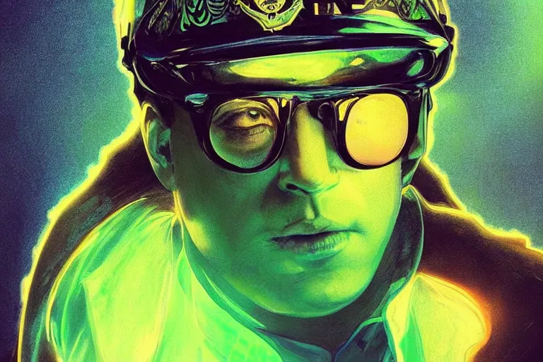 Image similar to Beautiful portrait of a glowing translucent body glowing male police officer wearing cool shades. Green fluorescent aura around officer, wide angle, magic, fire, darkness, dramatic lighting, Africa, intricate, wild, highly detailed, digital painting, artstation, concept art, smooth, sharp focus, illustration, art by artgerm and greg rutkowski and alphonse mucha, footage from space camera