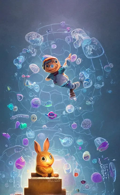 Image similar to tiny skateboard, roman temple, floating, rbc, bunny, radiolaria, protophyta, micro - organisms, center frame, symmetric, rim light, marine microbiology, bioluminescence, electric, fur, soft, concept art, intricate details, highly detailed, colorful, photorealistic, disney pixar, octane render, iridescent, anime, 8 k