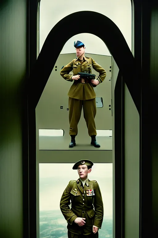 Prompt: kodak portra 5 0 mm f 4 full body portrait photography of a wwii airborne infantry soldier who's a mix of gillian anderson and adam driver, looking exhausted, setting is inside a sci fi megastructure tower looking out a window, photo by erwin olaf