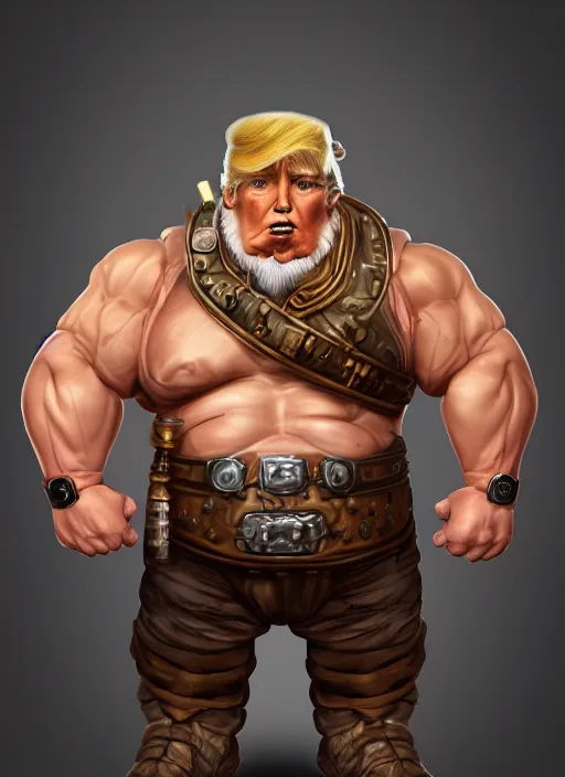 Image similar to steampunk dwarf donald trump is a muscular bodybuilder, au naturel, hyper detailed, digital art, trending in artstation, cinematic lighting, studio quality, smooth render, unreal engine 5 rendered, octane rendered, art style by klimt and nixeu and ian sprigger and wlop and krenz cushart.