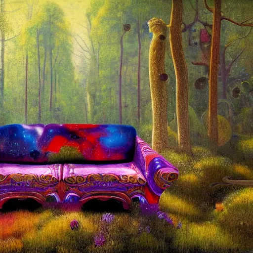 Image similar to psychedelic couch sofa in the lush pine forest, outer space, milky way, moose antlers, designed by arnold bocklin, jules bastien - lepage, tarsila do amaral, wayne barlowe and gustave baumann, cheval michael, trending on artstation, star, sharp focus, colorful refracted sparkles and lines, soft light, 8 k 4 k