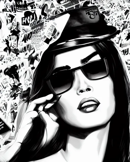 Prompt: dream of a film still from sin city, closeup portrait of film noir angry megan fox private detective wearing a hat and sunglasses, china town, glamour pose, detailed illustration, digital art, trending on artstation, patrick nagel, yoshitaka amano, daniel merriam, graffiti, gta v,