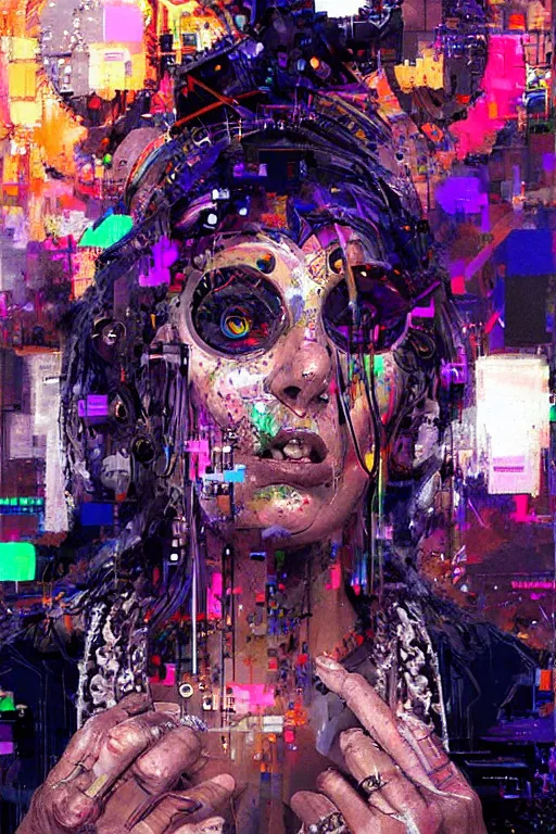 Prompt: portrait, headshot, digital painting, an delightfully crazy techno - shaman lady in circuit electronic mask, synthwave, glitch, pixel sort, fracture, realistic, hyperdetailed, chiaroscuro, concept art, art by john berkey