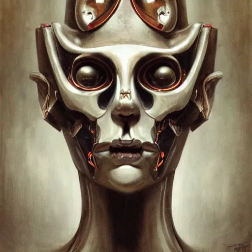 Image similar to symmetrical semi - realistic modern art deco mysterious creepy portrait of automaton fearful in the style of michael hussar highly detailed sharp focus