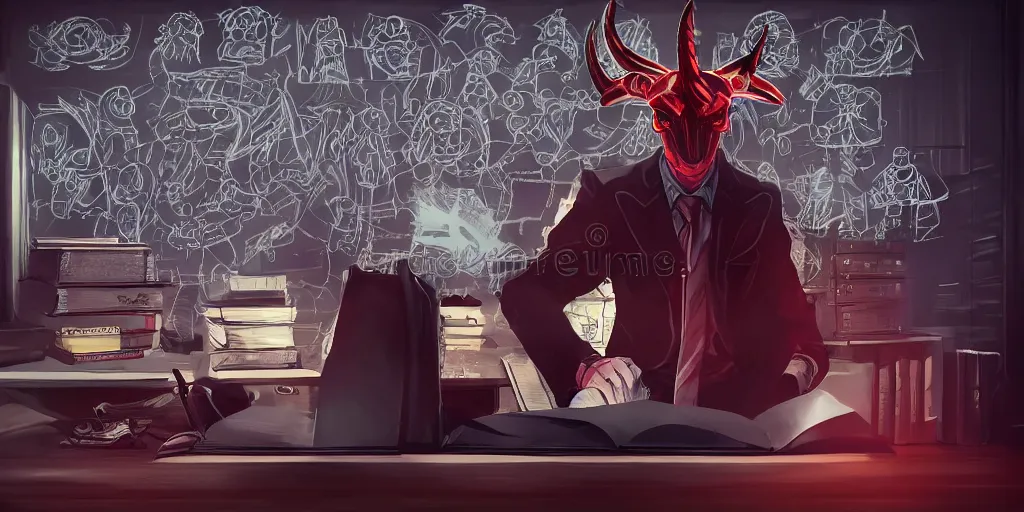 Image similar to dark lord sitting at desk large horns and suit, medium shot, portrait, semi realistic anime, red demon cyberpunk symbols