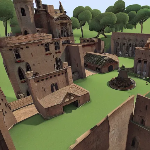 Prompt: a 3 d layout of a tf 2 map set at an abbey on a cliffside, dev textures, blockout, blocktober, tf 2 maps. net, level design