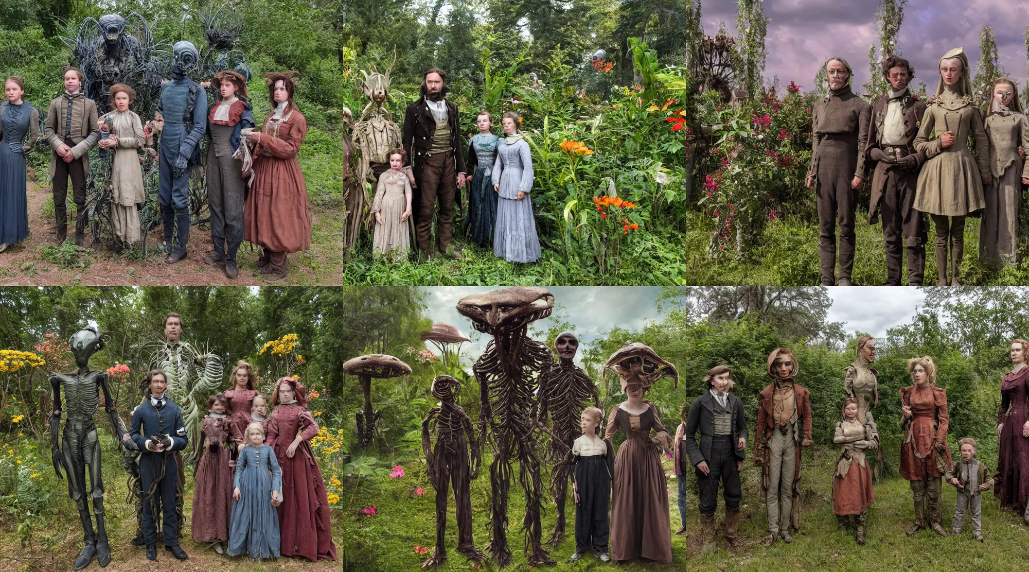 Prompt: still from a sci fi blockbuster movie made in 2022, set in 1860, of a family standing next to some strange wild alien plants and flowers, family are wearing 1850s era clothes, a humanoid alien standing nearby, in a park on a strange alien planet, good lighting, 4k, in focus faces, detailed faces, good photography, oscar winner