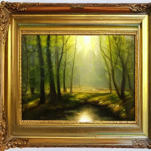 Image similar to an emotional painting of a morning in the woods by a creek with sun shining through the trees, oil painting