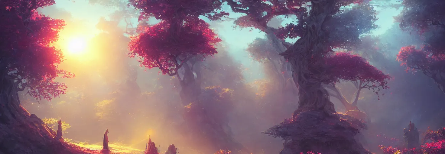 Image similar to A realm of whispers and mysteries, intricate, elegant, fantasy, highly detailed, digital painting, concept art, sharp focus, illustration, beautiful volumetric lighting, epic light, artstation, magic hour lighting, colorful, sunshine, springtime, by Sylvain Sarrailh