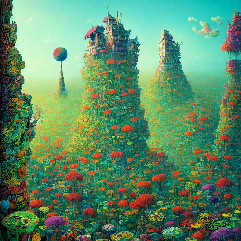 Image similar to surreal glimpse into other universe, mahanakorn tower, summer morning, very coherent and colorful high contrast, art by!!!! gediminas pranckevicius!!!!, geof darrow, floralpunk screen printing woodblock, dark shadows, hard lighting, stipple brush technique,
