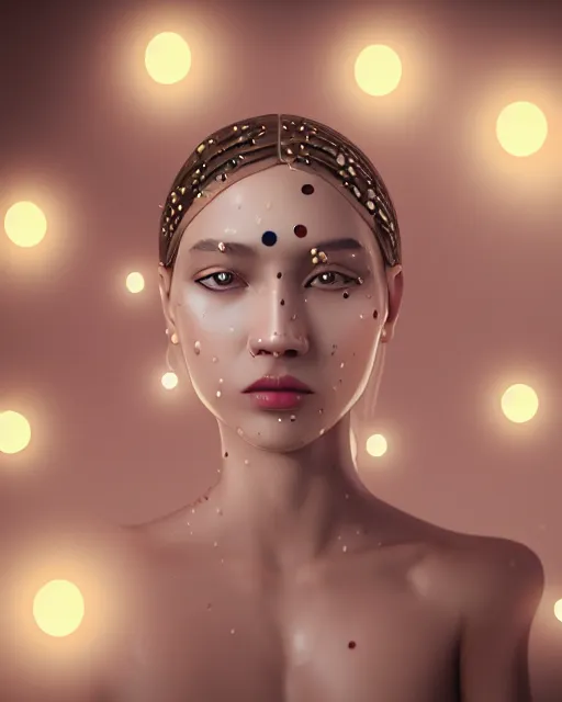 Image similar to pearl skinned girl, golden droplets on her face, casual clothes, chessboard pattern, she is looking up, intricate, crystal eyes, perfect face, atmosphere, glowing, radiant, dancing in the mud, cinematic lighting, high quality, perfect, 8 k high detail, masterpiece, trending on artstation, by seunghee lee, chengwei pan