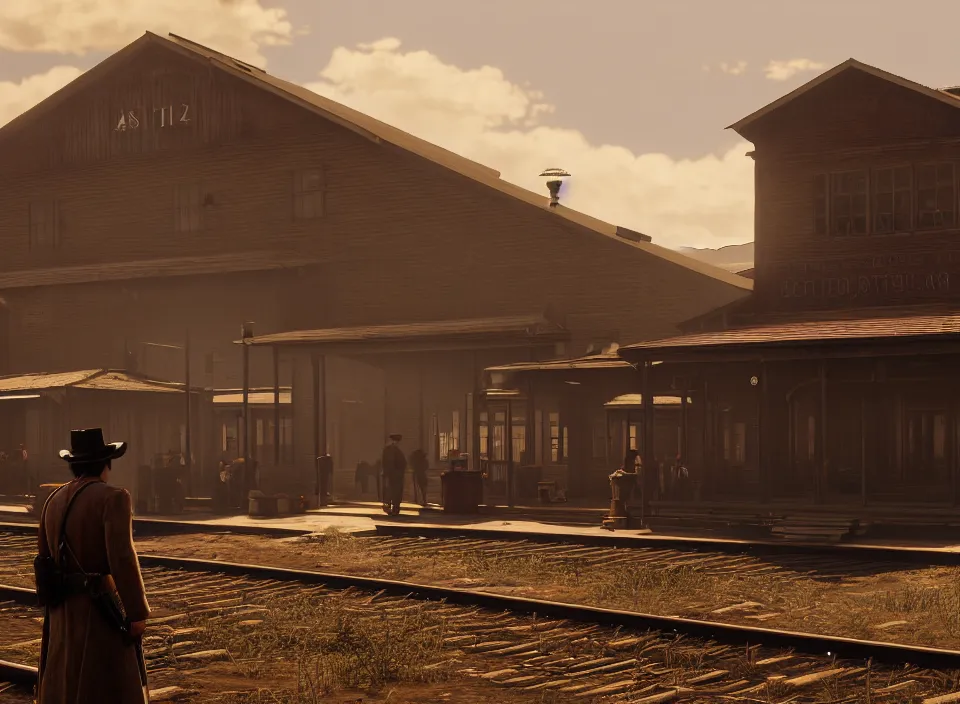 Prompt: a train station as red dead redemption 2 concept art, historical setting, desert environment, serene lighting, atmospheric, cinematic, gorgeous, in the style of diego koi, gina heyer, luiz escanuela, art by alyssa monk, hyperrealism, rule of thirds, golden ratio, oil on canvas, 8 k