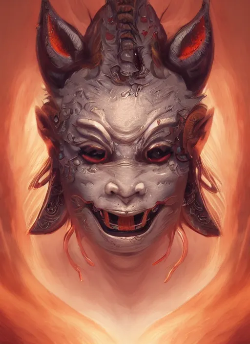 Prompt: a beautiful detailed oil on copper art illustration of a oni hannya mask shogun wolf woman, centered, by charlie bowater, zeng fanzh, trending on artstation, dim dusk lighting, cinematic lighting, detailed lighting, volumetric lighting, realistic, f 8, 4 k hd wallpaper