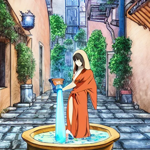 Image similar to an anime waifu in a greek attire pouring water out of a vase into a fountain, spanish ghibli alleyway