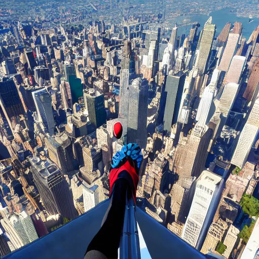 Image similar to marvel spider - from back hands on waist standing on top of the empire state building