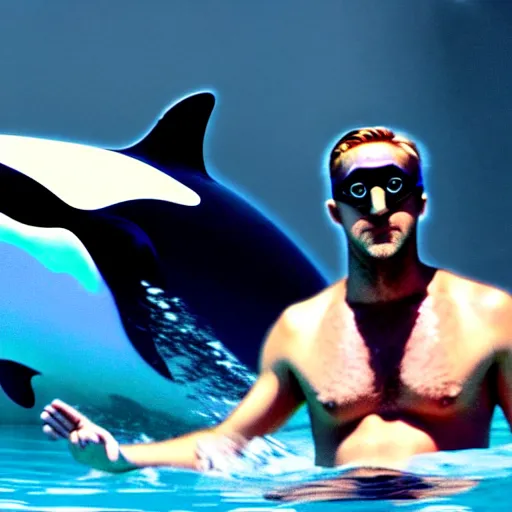 Image similar to ryan gosling in swimming trunks and cyberpunk style goggles rides a killer whale in a lava lake, photo