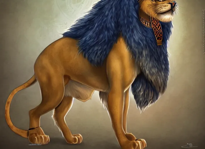 Image similar to fullbody egyptian lion character design of a disney egyptian lion. egyptian lion deviantart adoptable, style of maple story and zootopia, disney portrait studio lighting by jessica rossier and brian froud in the style of disney, traditional artstation